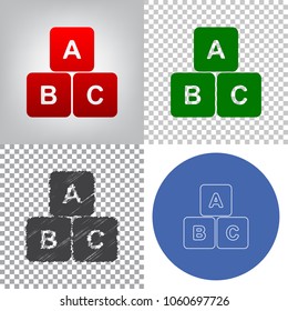 ABC cube sign illustration. Vector. 4 styles. Red gradient in radial lighted background, green flat and gray scribble icons on transparent and linear one in blue circle.