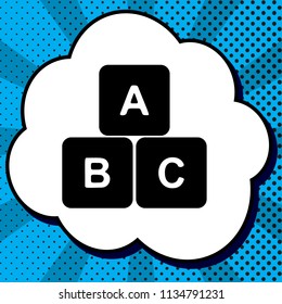 ABC cube sign illustration. Vector. Black icon in bubble on blue pop-art background with rays.