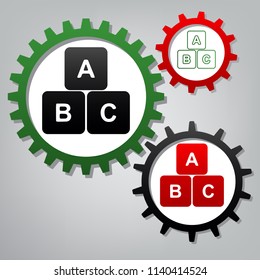 ABC cube sign illustration. Vector. Three connected gears with icons at grayish background.
