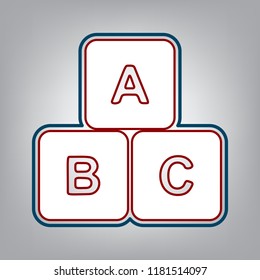 ABC cube sign illustration. Vector. Dark red, transparent and midnight green stroke of white icon at grayish background.