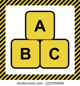 ABC cube sign illustration. Vector. Warm yellow icon with black contour in frame named as under construction at white background. Isolated.