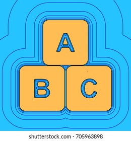 ABC cube sign illustration. Vector. Sand color icon with black contour and equidistant blue contours like field at sky blue background. Like waves on map - island in ocean or sea.