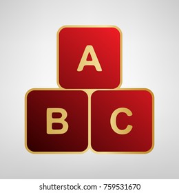 ABC cube sign illustration. Vector. Red icon on gold sticker at light gray background.