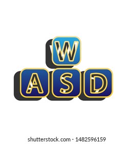 ABC cubes icons set. Blue icon with gold contour with dark gray shadow at white background. Illustration.