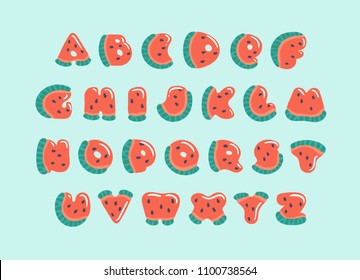 ABC with cute watermelon letters. Cartoon alphabet carved from slices of watermelon with seeds and small highlights isolated on blue background. Fruit summer font for children.