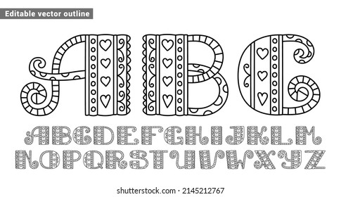 ABC doodle set. Hand drawn line sketch alphabet. Children's letters for coloring book. Editable outline