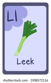 Abc education flash card in cartoon style on colorful background. Letter L - leek. Green vegetable, onion. Alphabet vector illustration.