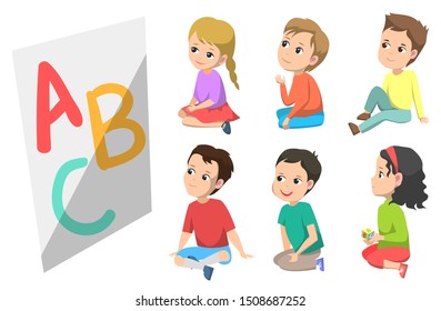 ABC education in kindergarten vector, isolated boy and girl sitting on floor listening attentively. Kids getting knowledge learning to read and write, back to school concept. Flat cartoon