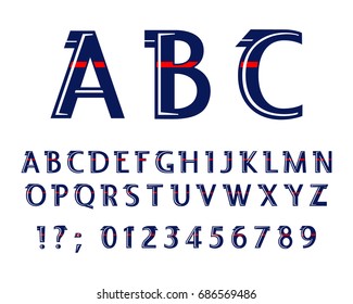 ABC English alphabet Font, Vector, Stylized Dark Blue Font. Futuristic font design. White and red stripes. silhouette. Letters on a white background, a board. Education. Calligraphic, stock
