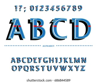 
ABC, English alphabet Font, Vector, stylized blue font. Futuristic font design. Red stripes Turquoise silhouette. Letters on a white background, a board. Education. Calligraphic, 3D stock
