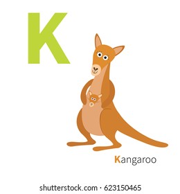 ABC english alphabet. Letter K. Kangaroo mom with baby in the pocket pouch. Cute cartoon character. Australia marsupial animal. Education card for kids. Flat design. White background. Vector