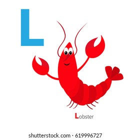 ABC english alphabet. Letter L. Lobster with claw. Cute cartoon character. Funny sea ocean animal. Baby collection. Flat design. Seafood element. Isolated. White background. Vector illustration