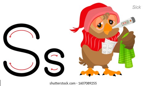 ABC english alphabet letter. Sick owl measures temperature with thermometer. Isolated on white vector cartoon illustration