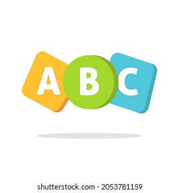 Abc english letters logo or learning school courses icon for kids or child language classes vector flat cartoon illustration, speaking or vocabulary studying symbol in fun modern game style design 