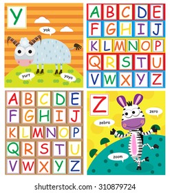 Abc fancy set cartoon with big eyes: yak, zebra, abc letter set, isolated on white background illustration, vector