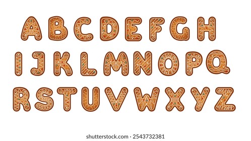 ABC festive gingerbread font flat color vector objects set. Complete Latin alphabet of ornate Christmas letters illustrations bundle on white