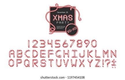 ABC - festive vector alphabet letters set. Christmas party candy cane font.  Sweet lollipop comic font. Cartoon lettering template for invitations, poster, greeting card on Christmas and New Year. 