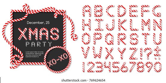 ABC - festive vector alphabet letters set. Christmas party candy cane font.  Sweet lollipop comic font. Cartoon lettering template for invitations, poster, greeting card on Christmas and New Year. 