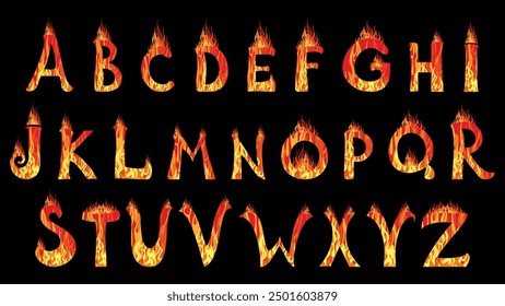 ABC Feuerbriefe einzeln auf schwarzem Hintergrund. Alphabet Illustration im flachen Cartoon-Design. Brennende lateinische Buchstaben. Künstlerische Schriftart. Vektorgrafik einzeln auf schwarzem Hintergrund.