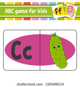 ABC flash cards. Alphabet for kids. Learning letters. Education developing worksheet. Activity page for study English. Game for children. Funny character. Isolated vector illustration. Cartoon style.