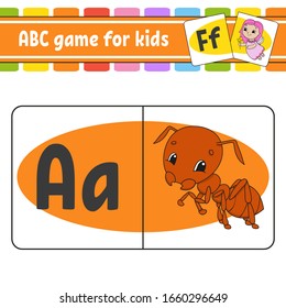ABC flash cards. Alphabet for kids. Insect ant. Learning letters. Education worksheet. Activity page for study English. Color game for children. Isolated vector illustration. Cartoon style.