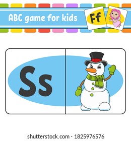 ABC flash cards. Alphabet for kids. Learning letters. Education worksheet. Activity page for study English. Color game for children. Isolated vector illustration. Cartoon style.