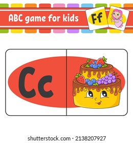 ABC flash cards. Alphabet for kids. Learning letters. Education worksheet. Activity page for study English. Color game for children. Isolated vector illustration. Coon style.