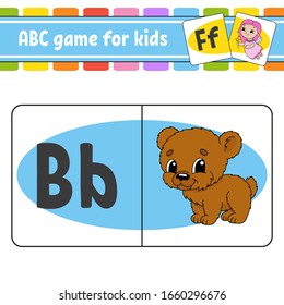 ABC flash cards. Animal bear. Alphabet for kids. Learning letters. Education worksheet. Activity page for study English. Color game for children. Isolated vector illustration. Cartoon style.