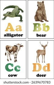 ABC flashcard with letters A to D and cute animal illustrations. Perfect for early learning, preschool education, and kids’ printable.