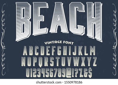 abc Font alphabet Script Typeface.Shadow Effect.vintage Hand Drawn.Retro Typography.Vector Illustration named beach