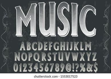 abc Font alphabet Script Typeface.Shadow Effect.vintage Hand Drawn.Retro Typography.Vector Illustration named music