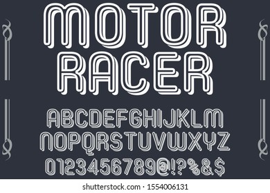 abc Font alphabet Script Typeface.Shadow Effect.vintage Hand Drawn.Retro Typography.Vector Illustration named motor racer