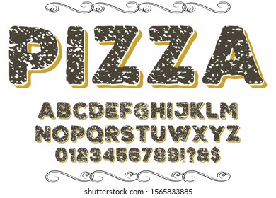 abc Font alphabet Script Typeface.Shadow Effect.vintage Hand Drawn.Retro Typography.Vector Illustration named pizza