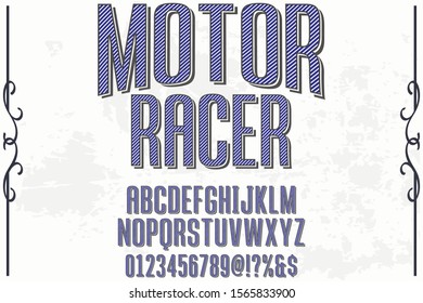 abc Font alphabet Script Typeface.Shadow Effect.vintage Hand Drawn.Retro Typography.Vector Illustration named motor racer