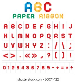 ABC font from paper tape, colored with white background. Roman alphabet (A, B, C, D, E, F, G, H, I, J, K, L, M, N, O, P, Q, R, S, T, U, V, W, X, Y, Z). 
Arabic numerals (0, 1, 2, 3, 4, 5, 6, 7, 8, 9).