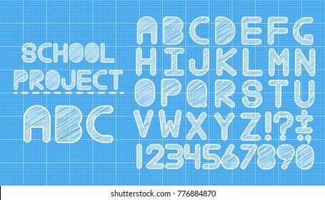 ABC font for school projects. The letters and numbers white pencil scribbles. Blueprint technical paper background. Clean sheet, template. Blue square grid backdrop.