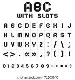 ABC font with slots, black on white background. Roman alphabet (A, B, C, D, E, F, G, H, I, J, K, L, M, N, O, P, Q, R, S, T, U, V, W, X, Y, Z) and Arabic numerals (0, 1, 2, 3, 4, 5, 6, 7, 8, 9).