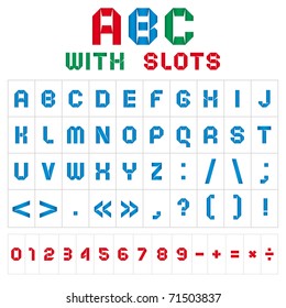 ABC font from font with slots. Roman alphabet (A, B, C, D, E, F, G, H, I, J, K, L, M, N, O, P, Q, R, S, T, U, V, W, X, Y, Z) and Arabic numerals (0, 1, 2, 3, 4, 5, 6, 7, 8, 9).