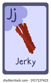 Abc food education flash card, Letter J - jerky. Cartoon design template with colorful alphabet education card. Collection on violet backdrop.