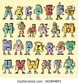 ABC Funny Alphabet Characters. Wacky Doodle Letters Design Color Set. Vector Hand Drawn Illustration.