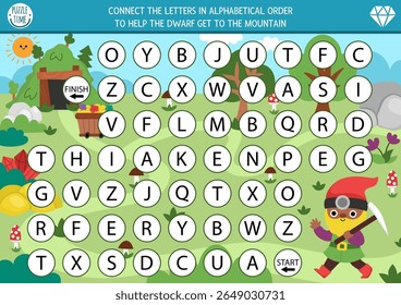 Jogo ABC com trabalhador anão bonito indo para o meu. Atividade de labirinto em alfabeto de conto de fadas de floresta para crianças em idade pré-escolar. Conectar letras em ordem alfabética de A a Z para ajudar o gnomo a chegar à montanha