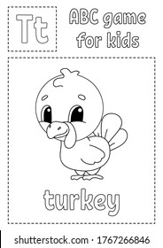 ABC game for kids. Alphabet coloring page. Cartoon character. Word and letter. Vector illustration.