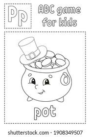 ABC game for kids. Alphabet coloring page. Cartoon character. Word and letter. St. Patrick's day. Vector illustration.
