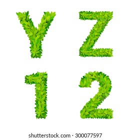 ABC glass leaves letter number elements modern nature placard lettering leafy foliar deciduous vector set. Y Z 1 2 leaf leafed foliated natural letters latin English alphabet font collection.