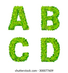 ABC glass leaves letter number elements modern nature placard lettering leafy foliar deciduous vector set. A B C D leaf leafed foliated natural letters latin English alphabet font collection.