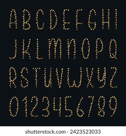 ABC glossy confetti alphabet characters. Set of golden letters and numbers  isolated on black background. Vector illustration.