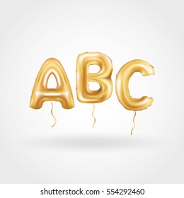 ABC gold letter balloons on white background. Golden alphabet balloon logotype, icon. Metallic Gold ABC Balloons. Text for children's reading, hornbook, Letter, holiday, birthday, celebration.