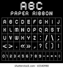 ABC gray font from paper tape. Roman alphabet (A, B, C, D, E, F, G, H, I, J, K, L, M, N, O, P, Q, R, S, T, U, V, W, X, Y, Z) and Arabic numerals (0, 1, 2, 3, 4, 5, 6, 7, 8, 9).