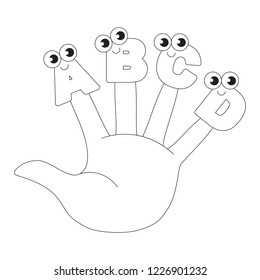 ABC hand cartoon funny and smiley. Colorless outlined illustration with thin line black stroke