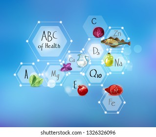 ABC of Health. Minerals and vitamins for human health and food. Abstract scheme.